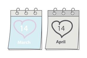 Kalender Seiten mit Datum 14 März Weiß Tag und 14 April schwarz Tag mit Herz geformt Schlaganfall durch Hand vektor