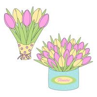 2 tulpaner buketter i omslag papper och låda med rosa och gul blommor. hälsningar design begrepp vektor