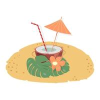halv kokos med dryck, cocktail sugrör och paraply, blommor och monstera löv på en sandig ö vektor