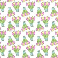 nahtlos Muster von abstrakt Tulpen Blumensträuße mit Rosa und Gelb Blumen im bunt Verpackung Papier vektor