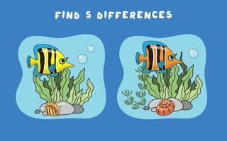 mini spel för barn. förskolebarn. hitta 5 skillnader. bild med fisk och alger.logiskt uppgifter för förskolebarn. spel 3-4 år gammal. vektor