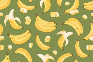 banan sömlös mönster. banan knippa, banan skal, skivor. ljuv tropisk frukt. friska vegetarian organisk mat. illustration för tapet, textil, skriva ut, omslag papper vektor