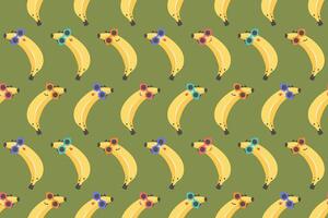 Banane nahtlos Muster auf Grün Hintergrund. Hand gezeichnet süß lächelnd Bananen im farbig Sonnenbrille. Banane Karikatur Figuren. Illustration zum Hintergrund, Textilien, Drucken, Kinder Produkte vektor