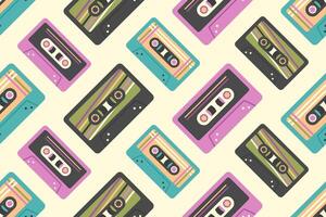 kassett sömlös mönster. retro audio kassetter i 90-talet, 80-tal, 70s stil. årgång färgrik gammal kassetter till tejp inspelare. musik bakgrund. illustration för förpackning, tapet, textil- vektor