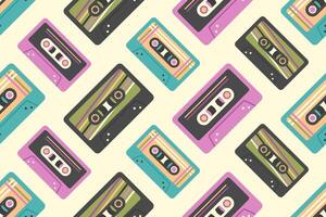 Kassette nahtlos Muster. retro Audio- Kassetten im 90er, 80er, 70er Jahre Stil. Jahrgang bunt alt Kassetten zu Band Recorder. Musik- Hintergrund. Illustration zum Verpackung, Hintergrund, Textil- vektor