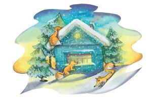 vinter, rustik hus med träd, rävar och snö. vattenfärg illustration. för de design och dekoration av vykort, affischer, förpackning, ny år och jul grejor, Tillbehör, interiör. vektor