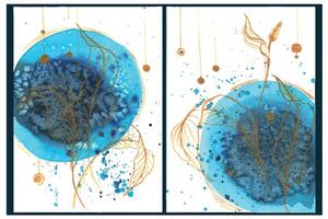 Aquarell Abstraktion, Diptychon, blau-türkis Stelle mit Grafik Blätter und ein Spathiphyllum Blume, mit spritzt von malen. zum das Design und Dekoration von Postkarten, Poster, Hintergründe. vektor
