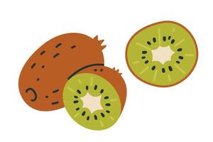 Kiwi, saftig exotisch ganze Frucht, Hälfte und Scheibe, Karikatur Stil. modisch modern Illustration isoliert auf Weiß Hintergrund, Hand gezeichnet, eben Design vektor