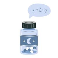 ein Krug von Melatonin oder Schlafen Pillen. gesund schlafen, Behandlung von Schlaflosigkeit, circadian Rhythmen, sich ausruhen und Erholung. isoliert Karikatur Illustration, eben vektor