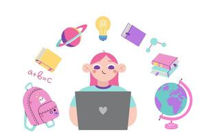 Teenager Mädchen mit Laptop Computer zu lernen, Karikatur Stil. Bücher, Rucksack, Globus und Schule liefert sind fliegend um. modisch modern Illustration isoliert auf Weiss, Hand gezeichnet, eben Design vektor