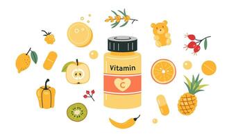 ein Krug von Vitamin c im Tablets, Kapseln oder gummiartig Bären und Lebensmittel angereichert mit ascorbisch Säure. Früchte, Beeren und Gemüse. immun Unterstützung Satz. isoliert Illustration, Hand gezeichnet, eben vektor