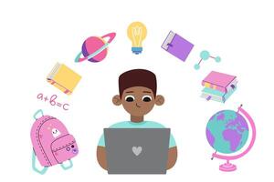 Tonårs afrikan-amerikan pojke använder sig av bärbar dator dator till studie, tecknad serie stil. böcker och skola leveranser är flygande runt om. trendig modern illustration isolerat på vit, hand ritade, platt design vektor