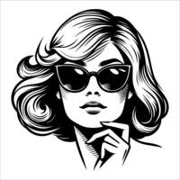 årgång retro kvinna bär solglasögon linje konst komisk svart och vit 06 vektor