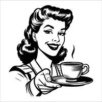 årgång retro 40-tal leende kvinna erbjudande en kopp av kaffe linje konst teckning 04 vektor