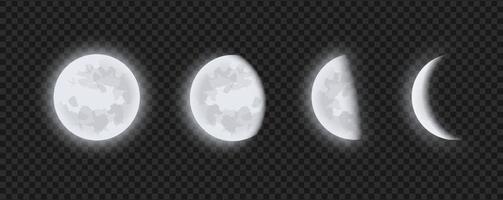 månfaser, avtagande eller växande halvmåne på transparent rutig bakgrund. månförmörkelse i etapper från fullmåne till tunn måne, realistisk vektorillustration. vektor