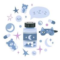 en burk av melatonin eller sovande piller och saker till hjälp du falla sovande snabbt. friska sova, behandling av sömnlöshet, cirkadiska rytmer, resten och återhämtning. isolerat tecknad serie illustration, platt vektor