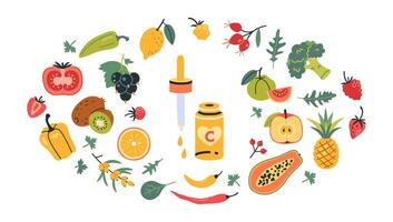 vitamin c serum burk med pipett och livsmedel berikad med askorbisk syra. frukter, bär och grönsaker uppsättning. naturlig antioxidant Produkter. isolerat illustration, hand ritade, platt vektor