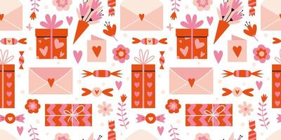 Heilige Valentinstag nahtlos Muster mit süß romantisch die Geschenke, Süßigkeiten, Geschenk Box und Blumen, auf ein Weiß Hintergrund, Karikatur Stil. modisch modern Illustration, Hand gezeichnet, eben Design vektor