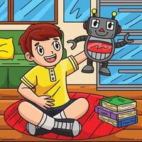 pojke spelar robot leksak färgad tecknad serie illustration vektor