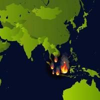 Waldbrände Banner, Feuerstelle auf Karte, Katastrophe in Indonesien Nachrichten, Papier, das Rauch verbrennt und vor Feuer schwelt, Vektorgrafik. vektor