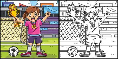 flicka med fotboll trofén och medalj illustration vektor