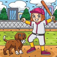 flicka spelar baseboll med en hund färgad tecknad serie vektor