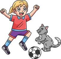 flicka och katt spelar fotboll tecknad serie ClipArt vektor