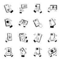 uppsättning av 16 innehav mobil klotter ikoner vektor