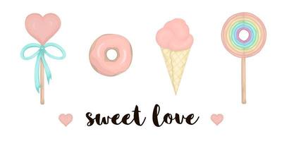 Vektor-Set Regenbogen Lutscher, Herz, Donut, Eis isoliert auf weißem Hintergrund. süßes magisches Dessert-Aquarell-Stil-Paket. süße Liebe ClipArt vektor