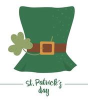 Vektor flacher lustiger grüner Koboldhut mit braunem Gürtel und Kleeblatt. süße st. Patrick Day-Abbildung. nationaler irischer Feiertagsikone lokalisiert auf weißem Hintergrund.
