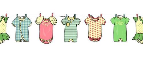 Vektor nahtlose Grenzmuster von Babykleidung auf Wäscheleine. helle Kinderkleidung wiederholen Muster. Vektor nahtlose horizontale Hintergrund geeignet für Websites