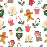 Vektor nahtlose Muster von Weihnachtselementen mit Nussknacker, Lebkuchenmann, lustiger Bär im roten Hut. süßer lustiger Wiederholungshintergrund von Symbolen des neuen Jahres. Weihnachtsbild im flachen Stil für Dekorationen