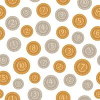 Vektor nahtlose Muster mit Münzen im Cartoon-Stil. Silber- und Goldgeldsymbolhintergrund. Abbildung mit Zahlen zum Zählen, Mathe oder Geschäftstätigkeit.
