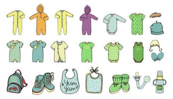 Vektor-Illustration von Babykleidung. Babykleidung eingestellt. Kindermode-Set. stilvolle Kleidung und Accessoires für Kinder isoliert auf weißem Hintergrund vektor