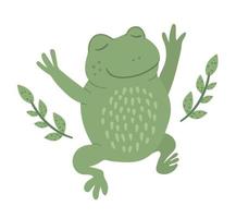 Vektor-Cartoon-Stil flach lustiger Frosch mit Zweigen auf weißem Hintergrund. süße Illustration des Waldsumpftiers. Springendes Amphibiensymbol vektor