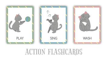 vektor uppsättning åtgärder flash-kort med katt. söt karaktär spelar, sjunger, tvättar. kort för tidig inlärning.