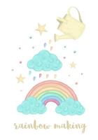 Niedliche Vektor-Illustration des Aquarell-Stil-Regenbogen-Herstellungsprozesses mit Wolke, Gießkanne, Sterne auf weißem Hintergrund. Einhorn-Themenbild für Druck-, Banner-, Karten- oder Textildesign. vektor