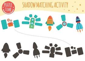Schatten-Matching-Aktivität für Kinder. Raumfahrttechnik. süße lustige lächelnde Charaktere vektor