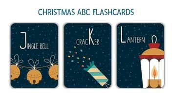 färgglada bokstäver j, k, l. phonics flashkort. söta jultema abc-kort för undervisning i läsning med rolig jingle bell, kex, lykta. nyårs festlig aktivitet. vektor