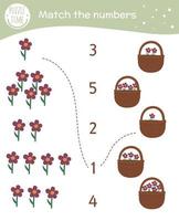 matchande spel med blommor och korgar. saint patrick day matteaktivitet för förskolebarn. arbetsblad för vårräkning. pedagogisk gåta med söta roliga element. vektor