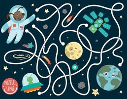 labyrint för barn. förskolans rymdverksamhet. pusselspel med jorden, astronaut, måne, utomjording, stjärna, rymdskepp. söta roliga leende karaktärer. vektor