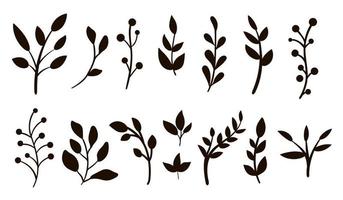 Vektor-Grün-Silhouetten-Clip-Art-Set. flache trendige Illustration mit Blättern, Zweigen, Beeren. Wiese, Wald, Wald, Garten schwarze Elemente isoliert auf weißem Hintergrund. vektor