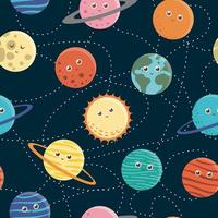 Vektor nahtlose Muster von Planeten für Kinder. helle und süße flache Illustration der lächelnden Erde, Sonne, Mond, Venus, Mars, Jupiter, Quecksilber, Saturn, Neptun auf dunkelblauem Hintergrund. Weltraumbild