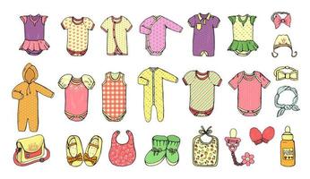 vektor illustration av babykläder. flicka kläder set. barn mode set. snygga kläder och accessoarer för barn isolerad på vit bakgrund