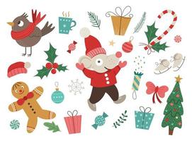 Vektor-Set von Weihnachtselementen mit Maus in rotem Hut und Jacke mit den Händen nach oben isoliert auf weißem Hintergrund. süße lustige Illustration des Symbols für das Jahr 2020. Weihnachtsbild im flachen Stil für das neue Jahr
