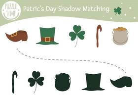 Saint Patrick Day Shadow Matching Aktivität für Kinder. irisches urlaubsrätsel im vorschulalter. süßes frühlingspädagogisches rätsel. Finden Sie das richtige Silhouette-Spiel. vektor