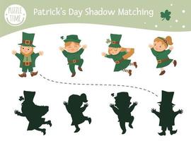 Saint Patrick Day Shadow Matching Aktivität für Kinder. irisches urlaubsrätsel im vorschulalter. süßes frühlingspädagogisches rätsel. Finden Sie das richtige Silhouette-Spiel. vektor