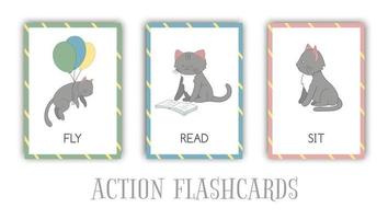 vektor uppsättning åtgärder flash-kort med katt. söt karaktär som flyger, läser, sitter. kort för tidig inlärning.