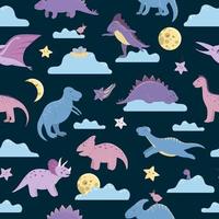Vektor nahtloses Muster mit niedlichen Dinosauriern am Nachthimmel mit Wolken, Mond, Sternen, Vögeln für Kinder. Dino flache Zeichentrickfiguren Hintergrund. niedliche prähistorische Reptilienillustration.