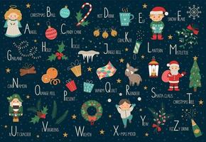 vektor jul alfabetet för barn. söt platt abc med nyårssymboler. horisontell layout rolig affisch för undervisning läsning på vit bakgrund.